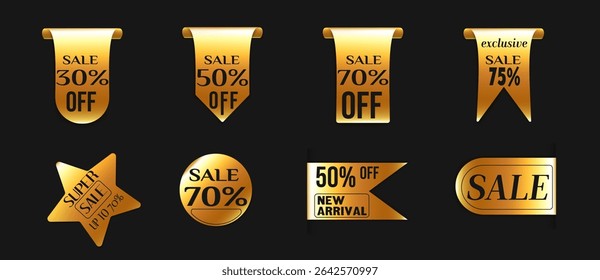 Elegant gold discount badge set with percentage offers - shiny metallic sale ribbons, star shapes and circular tags for luxury retail promotions, exclusive shopping deals and premium store marketing.