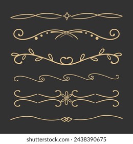 Elegant gold divider thin line classic deco border separator collection isolated on dark background. Florish arnament, embelish.