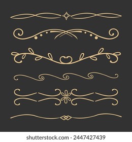 Elegant gold divider thin line classic deco border separator collection isolated on dark background. Florish arnament, embelish.