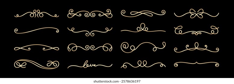 Elegant gold dividers on black background. Swirls and curls in decorative dividers. Perfect for invitations, cards, and elegant designs. Hand drawn ornament vector set.