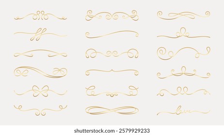 Elegant gold dividers with swirls and curls. Decorative gold accents for design. Gold swirls and curls add elegance. Perfect for invitations and elegant designs. Hand drawn ornament vector set.