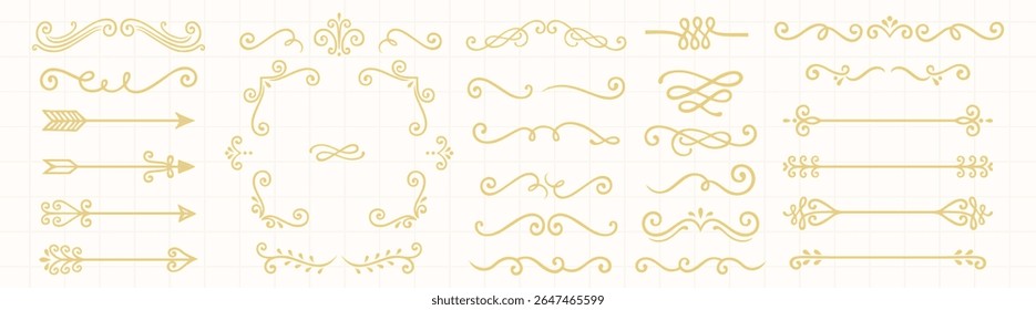 Elegant gold dividers and swirls on a grid background. Decorative gold accents include arrows and flourishes. Perfect for invitations and elegant designs. Hand drawn illustrations, vector set.