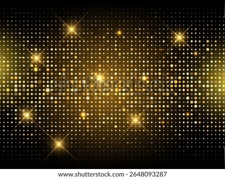 Elegant gold dotted background with glowing light sparkles and halftone gradient effect. Ideal for luxury event invitations, festive party themes, glamorous designs, or New Year celebration visuals.