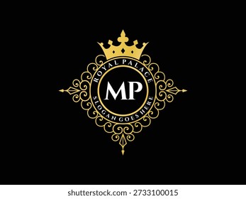 Elegantes Gold-Emblem mit MP-Monogramm, verziertes Scrollwork umgibt Kreis, königliche Krone oben, Luxusmarkenlogo