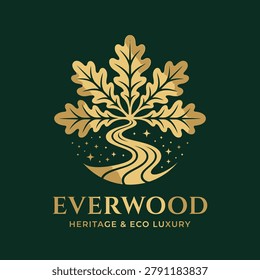 Elegant gold emblem featuring an oak leaf with a winding river path, perfect for high-end eco-resorts, heritage brands, and luxury real estate.
