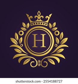 Elegant Gold Emblem with Letter 'H', Laurel Wreath, and Crown on Purple  