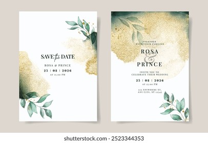 Elegant gold with emerald green watercolor wedding invitation card template. Gold background. Leaves watercolor decoration