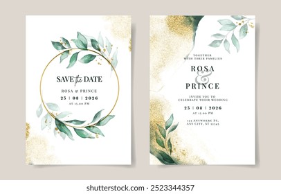 Elegant gold with emerald green watercolor wedding invitation card template. Gold background. Leaves watercolor decoration