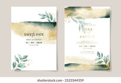 Elegant gold with emerald green watercolor wedding invitation card template. Gold background. Leaves watercolor decoration