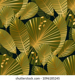 elegant gold exotic leaves seamless pattern for background, wrapping paper, fabric on blue checkered background. art nouveau botalical endless motif for surface design. stock vector illustration

