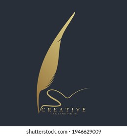 Elegant gold feather pen logo vector design template