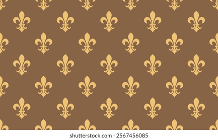 Elegant gold fleur-de-lis pattern on a brown background.  Perfect for wallpaper, textile design, or website backgrounds.  Sophisticated and classic design.