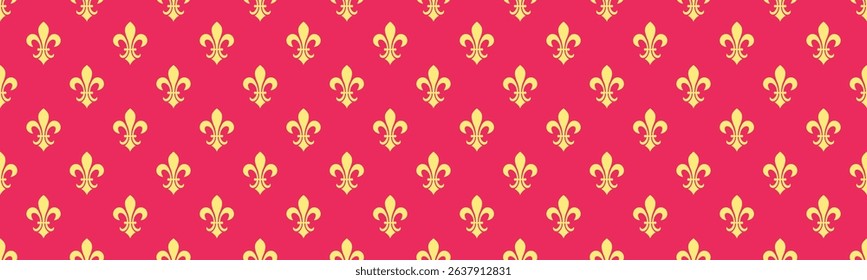 Elegant gold fleurdelis pattern on a vibrant pink background.  Perfect for adding a touch of regal sophistication to your designs. Ideal for websites, invitations, textiles, and more.