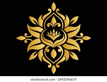 Elegant Gold Floral Design with Symmetrical Arrangement Luxurious Decorative Motif for Invitations Greetings Cards and Ornamental Design Projects