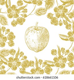 Elegant gold floral frame in vintage style with blooming branch of apple tree and apple fruit.  Background for eco fruit, cosmetics, perfume, tea, aromatherapy products and more. Vector illustration.