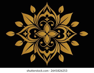 Elegant Gold Floral Ornament on Black Background A Symmetrical Design with Curving Lines and Leaf Accents, Displaying Intricate Details and Sophistication.
