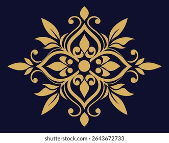 Elegant Gold Floral Ornament on Deep Navy Backdrop Ornamental Design with Stylized Leaves and Curlicues Symmetry and Detailed Graphic