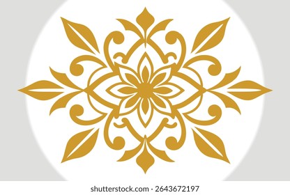 Elegant Gold Floral Ornament with Symmetrical Leaf and Swirl Design against a Soft White Backdrop with Gentle Gradient.