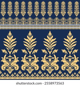 An Elegant gold floral pattern on deep blue background, featuring intricate designs and symmetrical motifs that evoke sense of luxury and sophistication