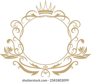 Elegant gold floral round frame with crown and ribbons is decorating something, with a white background providing ample space for customization