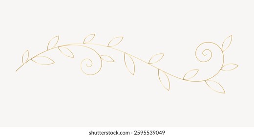 Elegant gold floral vine with delicate leaves and swirls. Decorative vine design, perfect for invitations. Gold vine art with intricate leaf patterns. Vector element.