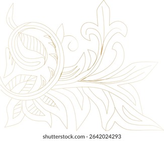 Elegant gold flourish corner design with intricate floral, leaf, and scroll details. Perfect vector element for wedding invitations, greeting cards, and luxurious vintage-style design projects.