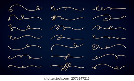 Elegant gold flourishes on a dark background. Decorative flourishes in various styles. Gold flourishes add a touch of elegance. Perfect for invitations or design projects. Hand drawn ornament vector.