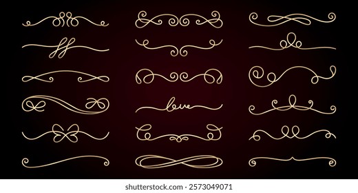 Elegant gold flourishes and swirls on a dark background. Decorative flourishes, intricate swirls, and ornate designs. Perfect for invitations and embellishments. Hand drawn ornament vector set.