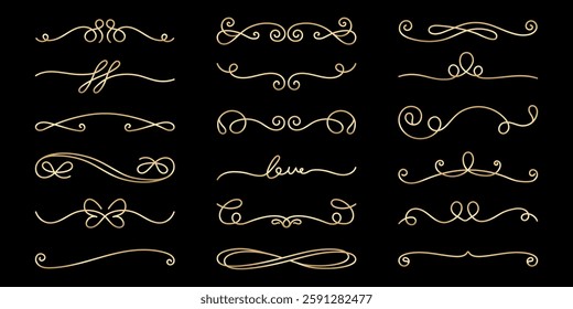 Elegant gold flourishes and swirls on a black background. Decorative flourishes for design. Swirls and flourishes add elegance. Perfect for invitations and cards. Hand drawn ornament vector set.