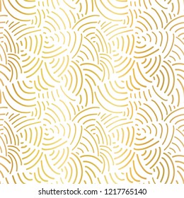 Elegant Gold foil abstract background. Curved line seamless pattern metallic shiny golden on white. Handdrawn vector texture. Modern, abstract mosaic art for celebration, Christmas, New Year, wedding