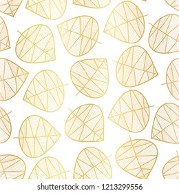 Elegant gold foil scattered stylized leaves seamless vector background on white. Subtle abstract pattern. Repeating texture foilage. For wedding, baby shower, party invitation, celebration, cards