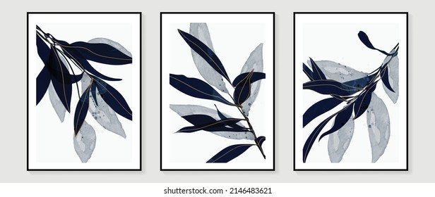 Elegant gold foliage wall art template. Luxury hand drawn wall decoration on white background with branches, eucalyptus leaves. Blue watercolor texture design for wallpaper, banner, prints, interior.