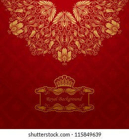 Elegant gold frame banner with crown, floral elements  on the ornate background. Vector illustration. EPS 10.