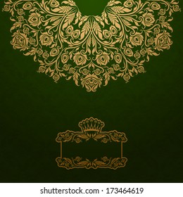 Elegant gold frame banner with crown, floral elements  on the ornate background. Vector illustration. EPS 10.