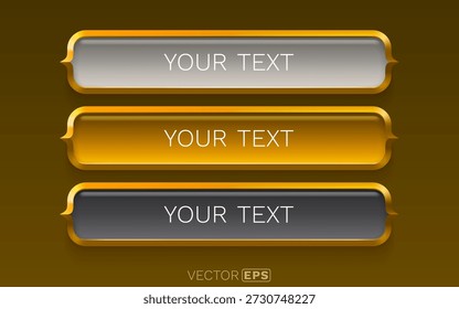 Elegant gold frame button set with decorative ornate edges, ideal for web UI design. Vector illustration