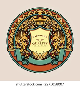 Elegant gold frame label vintage swirl ornament logo template illustrations vector for your work, merchandise t-shirt, stickers and label designs, poster, greeting cards advertising business company