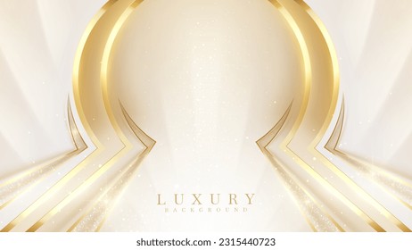 Elegant gold frame on cream color background with light effect and bokeh decorations. Luxury style scene.