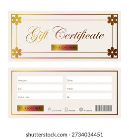 Elegant gold gift certificate vector template. Includes space for service details. Layout graphic design for beauty salons, spa, fashion stores, promotions or gift voucher.