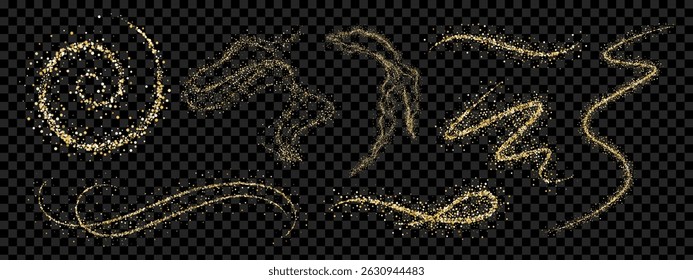 Elegant gold glitter swirls and curves. Shiny curves and lines for elegant invitations and greeting cards. Vector illustration