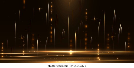 El elegante efecto de iluminación de movimiento vertical brillante dorado brilla sobre un fondo marrón oscuro. Plantilla de luz suave y fuegos artificiales. Ilustración del vector