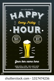 Elegant gold Happy Hours flyer, banner or template design with frame and beer glass on black  background. Vintage concept background, art template, retro elements, logo, labels, layout, badge,