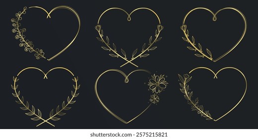 Elegant Gold Heart Frames: Vector Vintage Illustrations with Hand-Drawn Roses for Greeting Cards, Invitations, Weddings, and Romantic Decorations. Includes Rustic Floral Designs, Wreaths, and Simple 