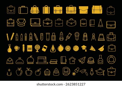 Elegant gold icons for back to school themes, perfect for planners, digital scrap booking, web and print design. High-quality vector files included.