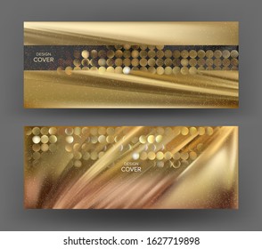 Elegant gold invitation cards with pleated fabric and metallic circles. Vector illustration