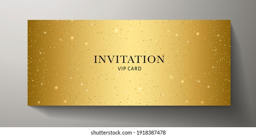 Elegante patrón de invitación dorada con estrellas de brillo dorado en el fondo. Diseño vectorial premium para certificado de regalo, cupón, tarjeta de regalo