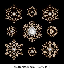 Elegant gold jewelry decoration on black, vector set of diamond vignettes