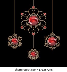 Elegant gold jewelry decoration, vector set of ruby pendants on black