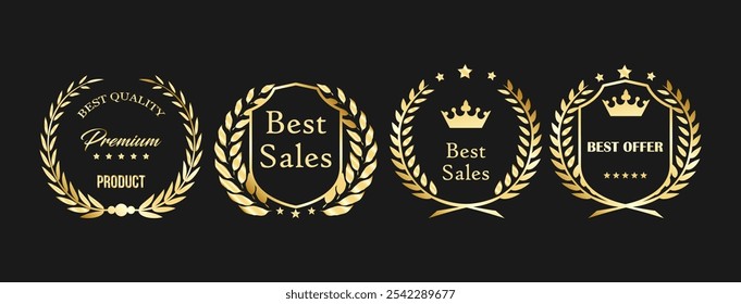 Elegant Gold Laurel Wreath Badges for Best Sales, Luxury, and Limited Edition Recognition EPS Vector for Premium Branding