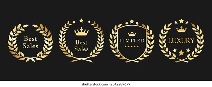 Elegant Gold Laurel Wreath Badges for Best Sales, Luxury, and Limited Edition Recognition EPS Vector for Premium Branding