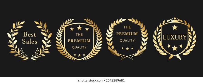 Elegant Gold Laurel Wreath Badges for Best Sales, Luxury, and Limited Edition Recognition EPS Vector for Premium Branding